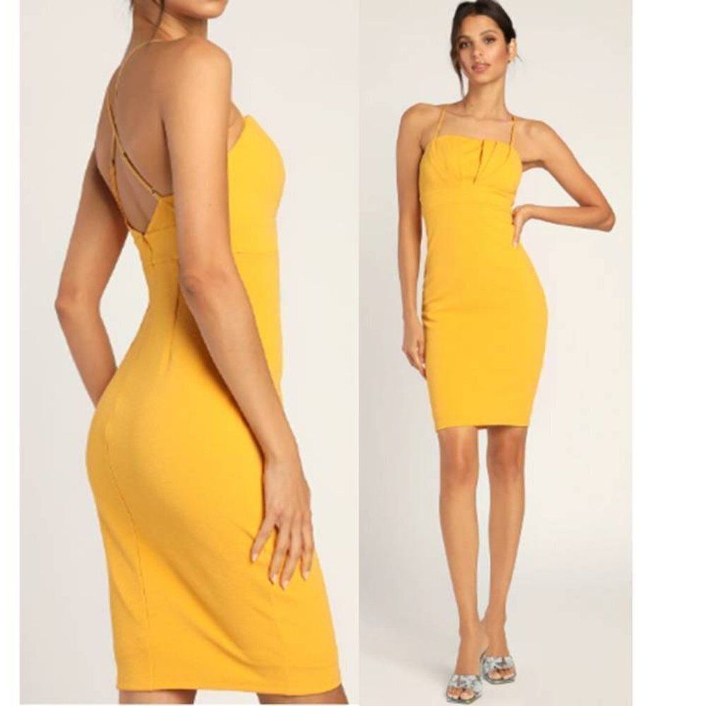 Lulus Women's Elegant Stretch Bodycon Mini Dress Yellow Homecoming Prom Party
